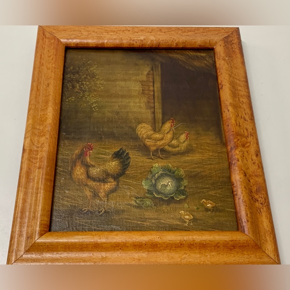 Vintage Birdseye Maple Framed Canvas Oil Painting Rooster Hen Chicks Farmhouse - Picture 8 of 16